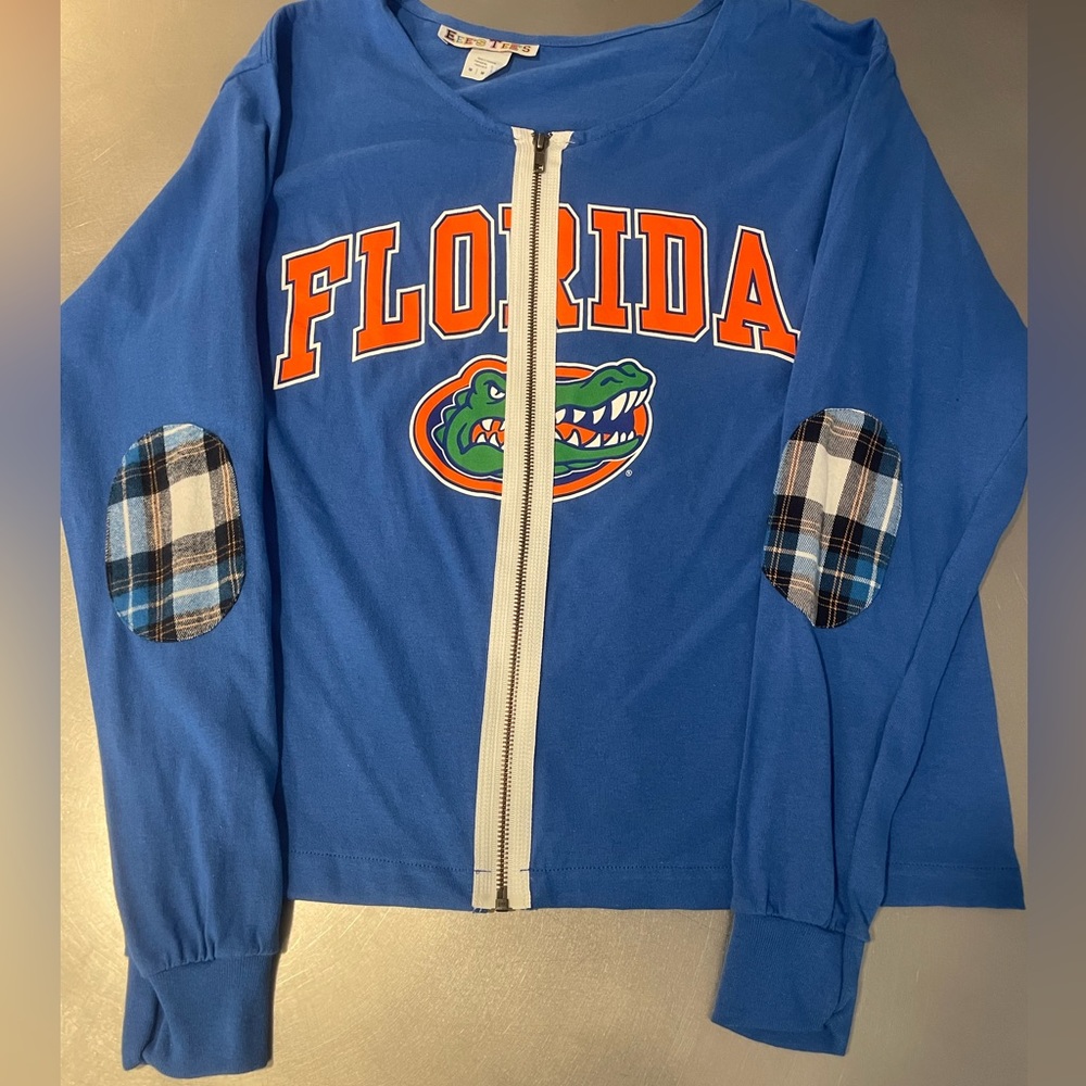 University of Florida zip front long sleeve t-shirt with elbow patch detail